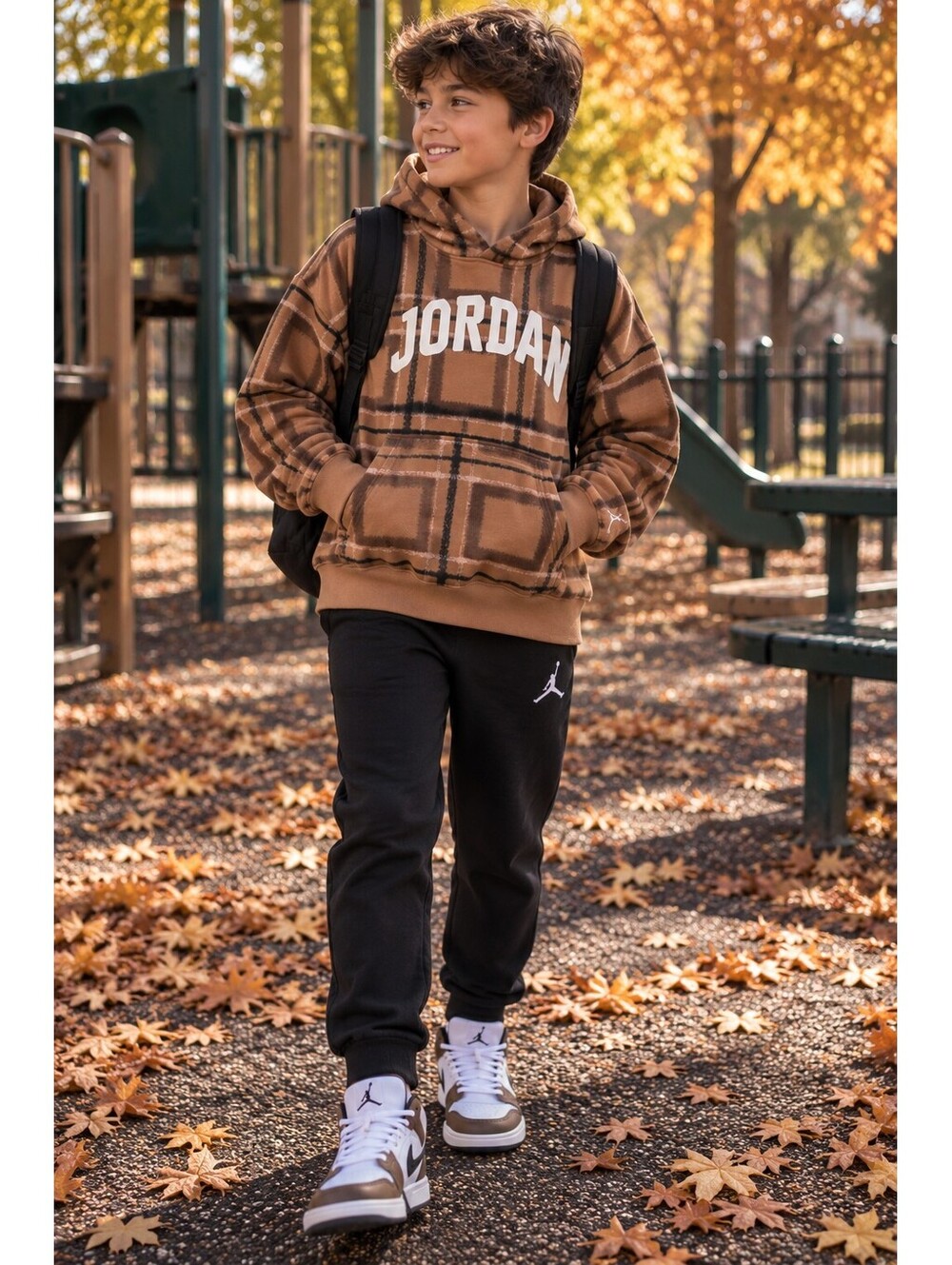Jordan Boys Medium 10-12 Plaid Pullover Hoodie Brown Jumpman Sweatshirt